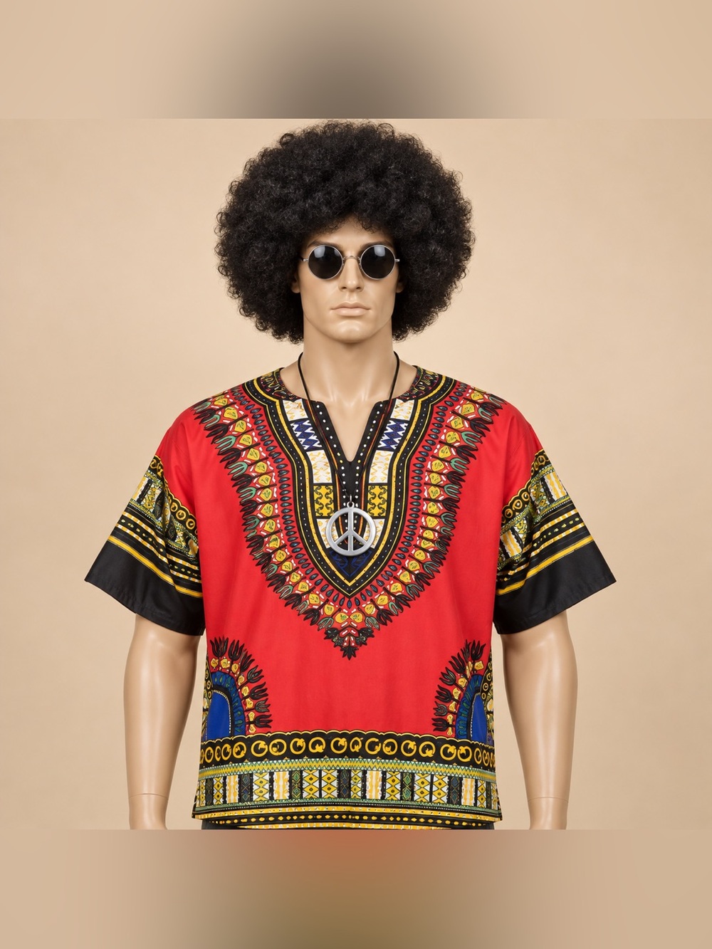Men’s XL 70s Hippie Costume Shirt Wig Glasses Peace Medallion